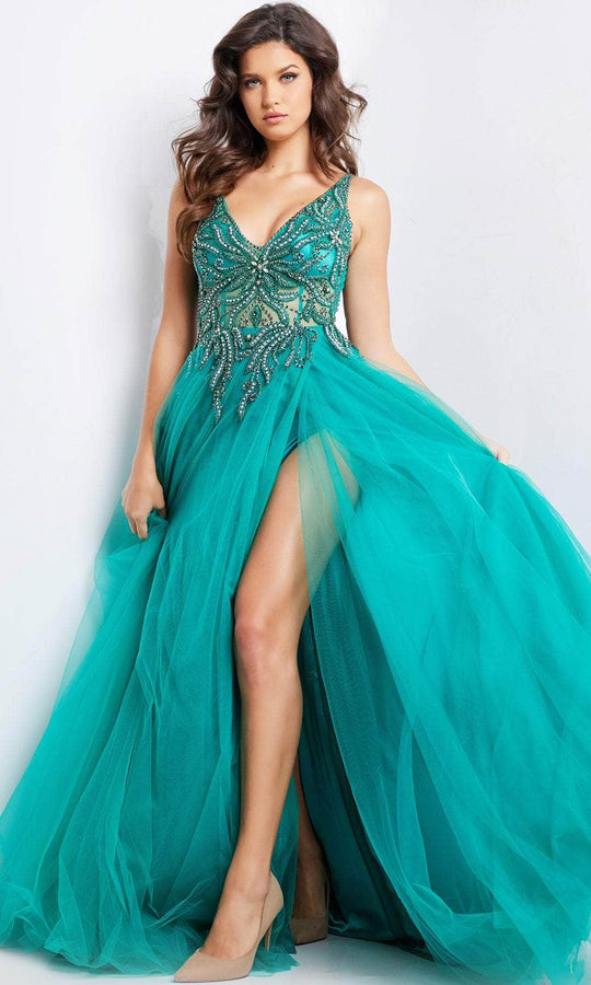 Sparkly V-neck Emerald Green Long Sleeves Side-slit A-line Prom Dress, –  SposaBridal